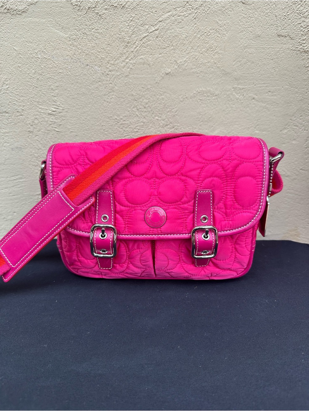 🩷Y2K Coach Hot Pink Quilted Field Bag with Striped Strap 4061 🩷